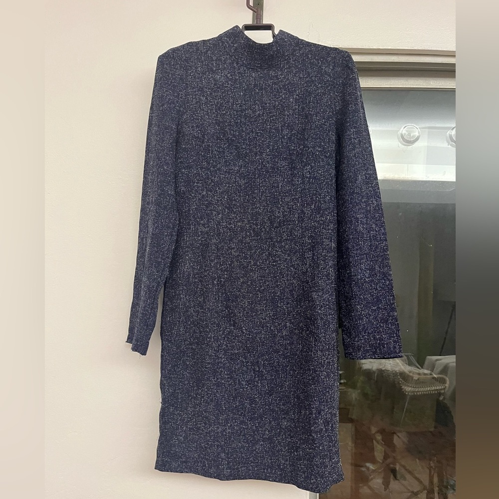 Real Vintage 80s Mock Turtleneck Blue Metallic Long Sleeve Dress hand sewn